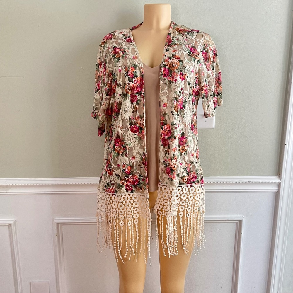 Sweet Rain Floral Lace Kimono Womens Small Fringe Hem Open Front Cream Boho Top